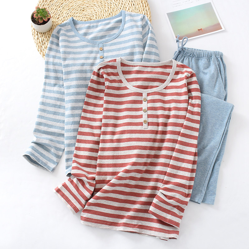 New Japanese yarn-dyed cotton striped pajamas women's long sleeve spring and autumn simple pullover casual sports home suit