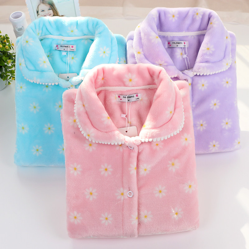 Sleepwear Autumn Winter Female Coral Suede Cute Thickened Warm Flange Suede Korean Version Loose Cardiovert Suits Suit Suit