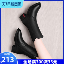 Womens boots medium boots with leather autumn and winter 2021 new wild thick heel velvet womens leather boots Martin boots
