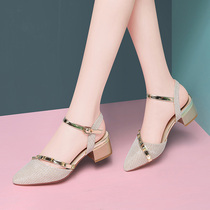 Baotou cool shoes womens middle heel thick and versatile summer 2021 new fashion trend with cheongsam womens shoes