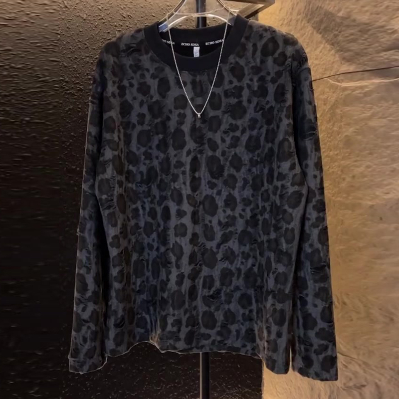 Light Luxury Men's Clothing, Plus-Size Trendy Brand, Men's 2026 Autumn New Leopard Print Casual Round-Neck Fashion Long-Sleeve Top