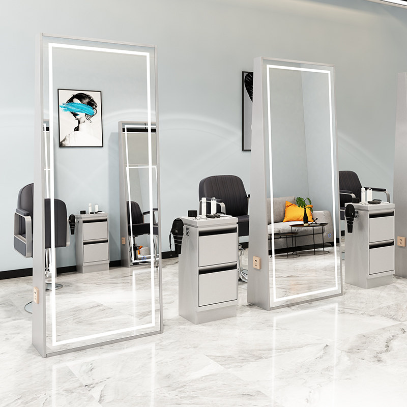 Bifacial silver Stainless Steel Mirror Bench Hairdresse MIRROR HAIR SALON PRIVATE NETWORK RED BRIEF ABOUT FLOOR TYPE HAIRCUT MIRROR WITH LAMP