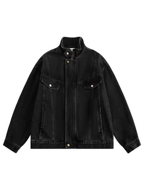 Dpx Spring and Autumn Heavyweight Washed Distressed Stand Collar Denim Jacket for Men, Trendy Retro Loose Casual Jacket Top