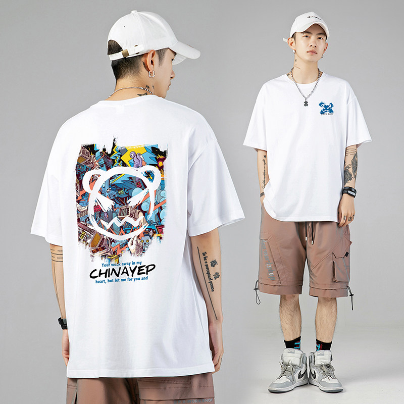Little devil print summer short sleeve T-shirt men's national tide loose half sleeve Tide brand ins trend couple oversize