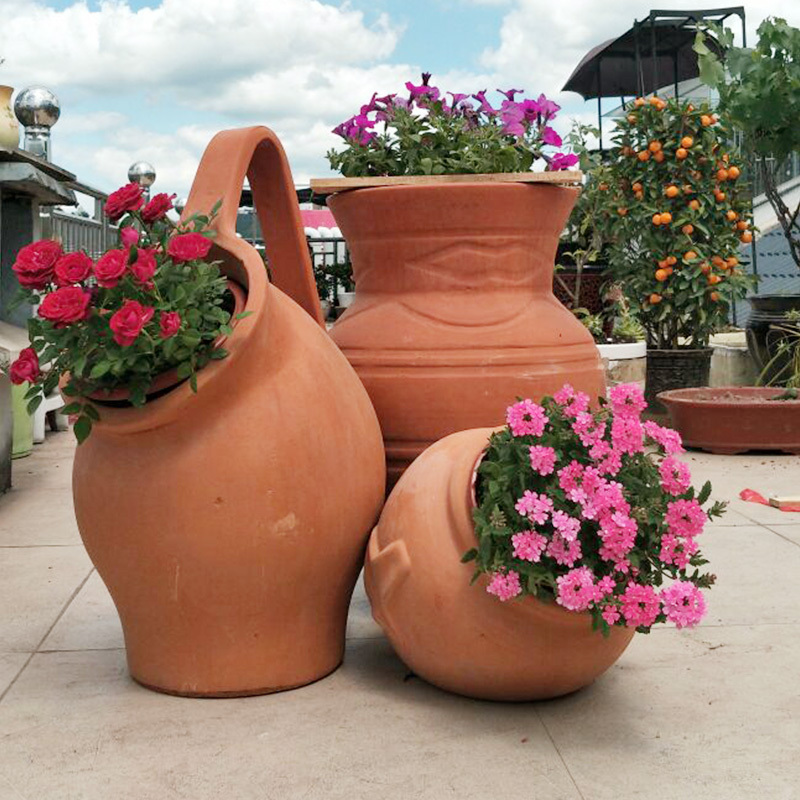 Hotel Clubhouse Large Red Clay Flower Pots, Floor-Standing Landscape Ceramic Pots, Outdoor Combination of Unglazed Coarse Clay Pots with Slanted Mouth