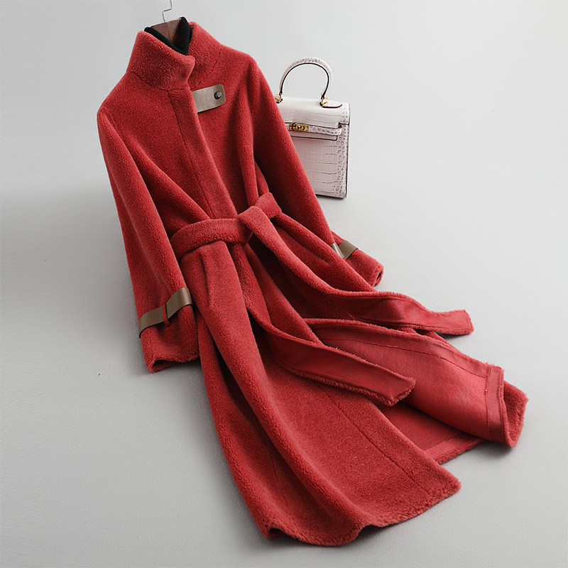 New Style Shearling Coat, Fur Integrated Coat for Women, Red Elegant Ladylike Mid-Length Lamb Fur Coat