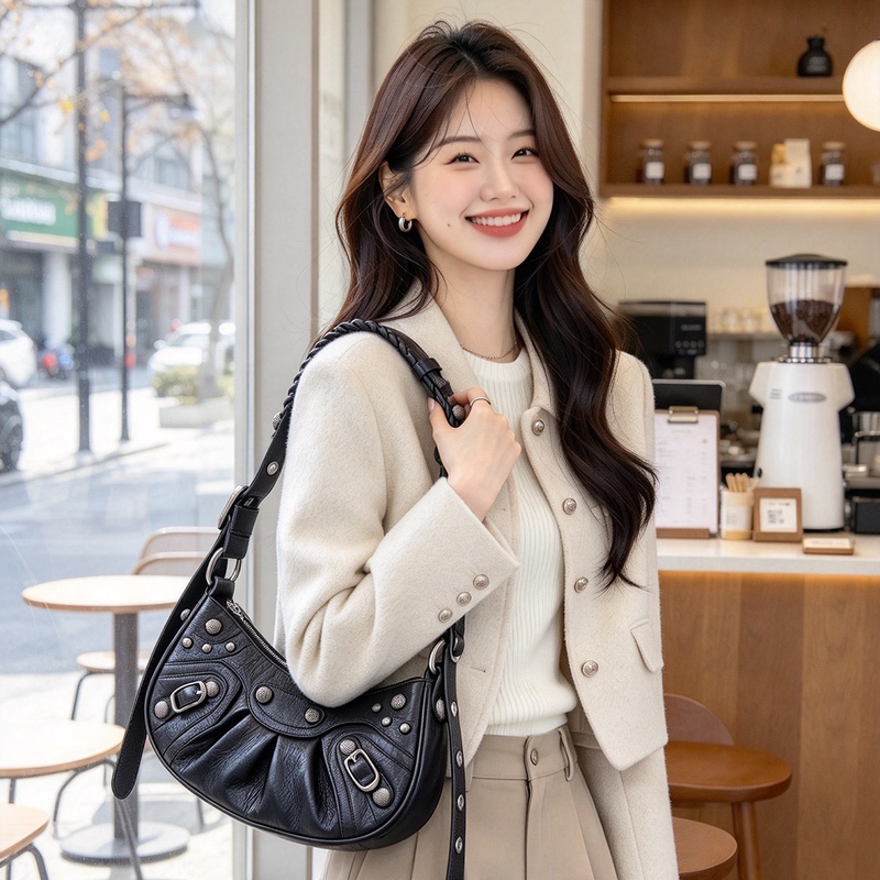 B Brand Bag Le Cagole Motorcycle Bag Women's Genuine Leather Underarm Bag Crescent Bag Dumpling Bag Commuter Shoulder Crossbody Bag