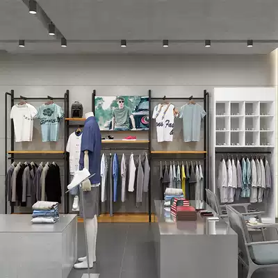 Clothing store display rack Floor-to-ceiling men's clothing rack lattice rack Curved iron pipe display rack wall hanging hanger