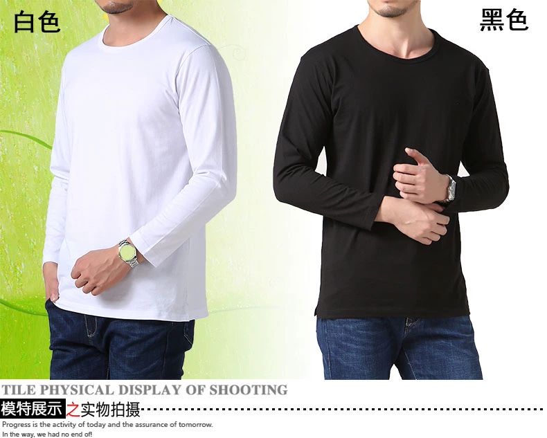 Áo thun cotton dài tay cho nam trung cổ tròn cổ rộng màu sắc rắn rỏi đáy quần cotton cộng với size trung niên và xuân thu đông - Áo phông dài