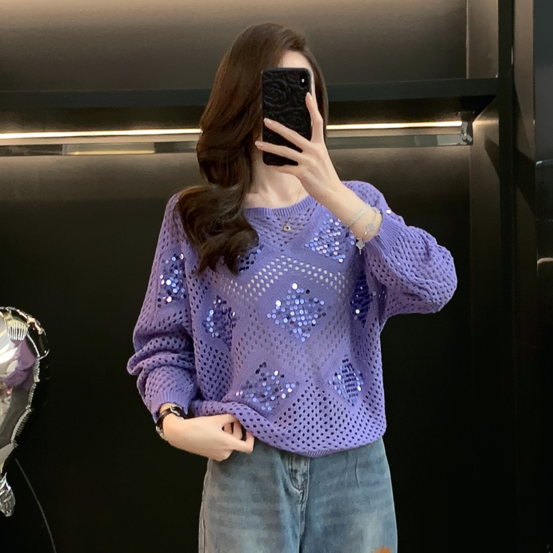 Hollow-Out Sequin Long-Sleeve Knit Sweater for Women, New Spring and Autumn Design, Stylish, Loose, Slimming, Casual Top, Trendy
