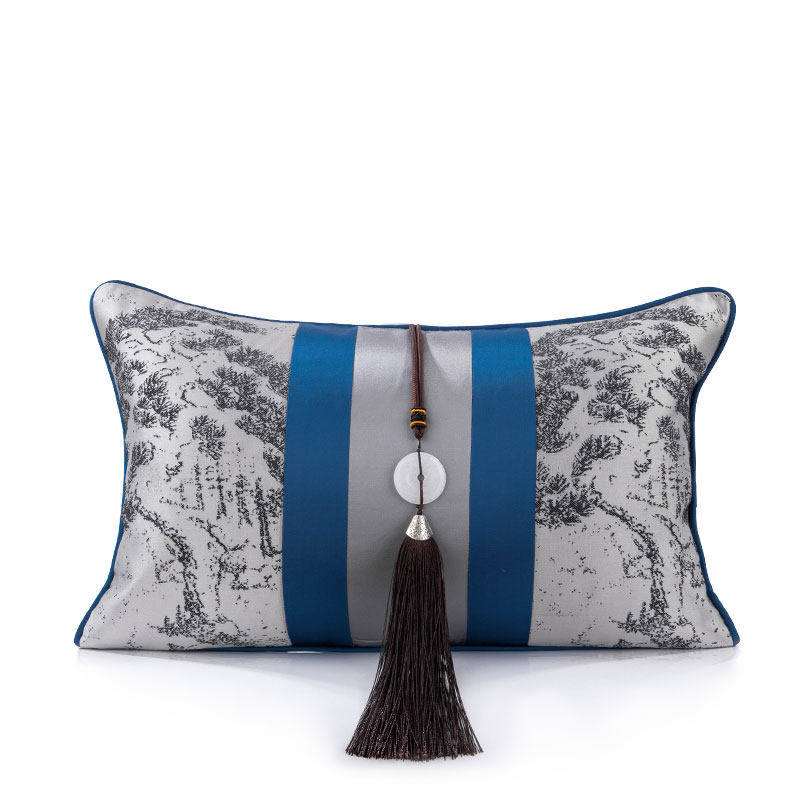 (Manyuan) New Chinese Landscape Ink Pattern Waist Pillow Grey and Sapphire Blue Sofa Backpack Tassel Decorative Pillow Cushion