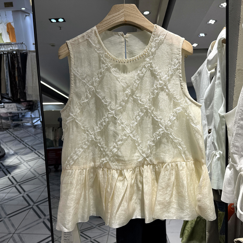Aimanyi A29389 Pearl Round Neck Lace Ruffle Trim Rhombus Design Rayon Vest Shirt for Women