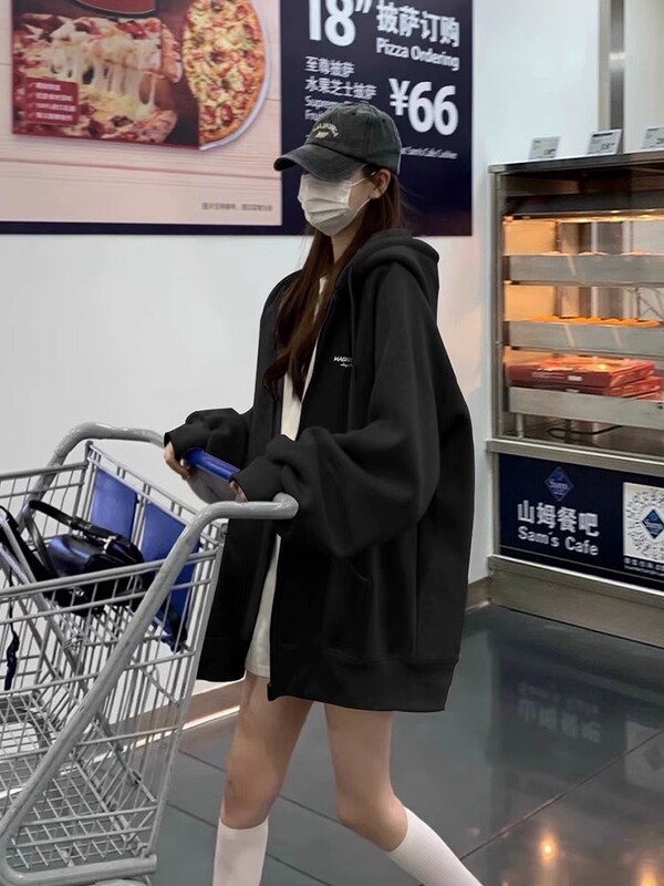 Heavyweight Black American Retro Zip-Up Sweatshirt for Women, Autumn and Winter, Fleece-Lined, Thickened, Oversized Hooded Jacket