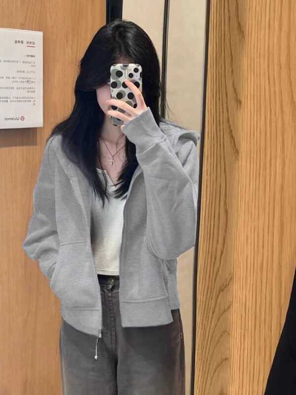 Pure Cotton Gray Short Hooded Sweatshirt for Women 2025 New Popular Spring and Autumn Thin Early Autumn Zip-Up Cardigan Jacket