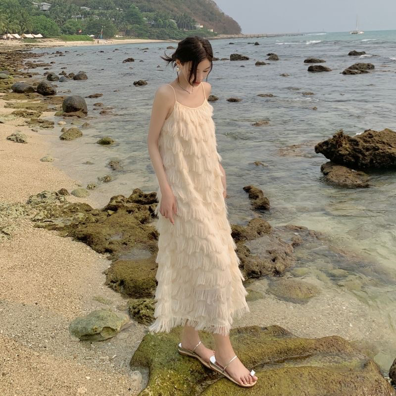 Bohemian White Spaghetti Strap Dress for Women, Summer Loose Tassel French Style Seaside Vacation Beach Fairy Long Dress