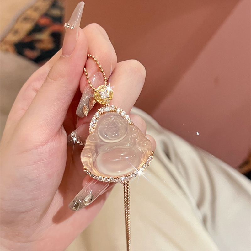 Ice seed jade medullary agate jade Merchants Belly Buddha Male Pendant Sweater Necklace Design Sensation Little Crowdwoman Rivaling Emerald-Taobao