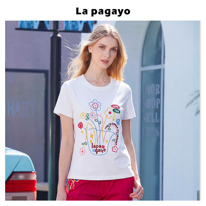 La Pagayo Summer New Women's Loose Embroidered Pullover Round Neck Casual Versatile White Short-Sleeved T-Shirt