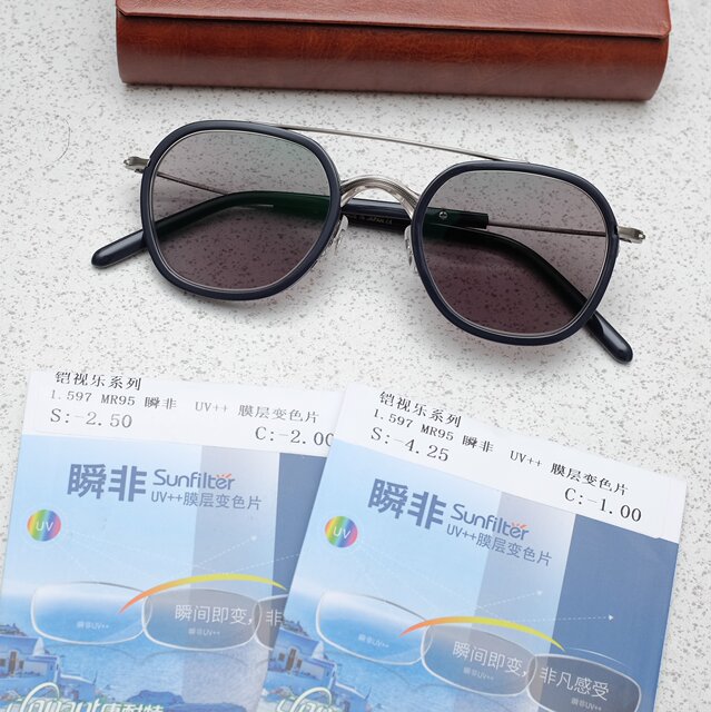 ຊຸດເລນ Photochromic 1.56/1.6/1.67/1.74 myopia astigmatism anti-blue light base film turns gray tea green