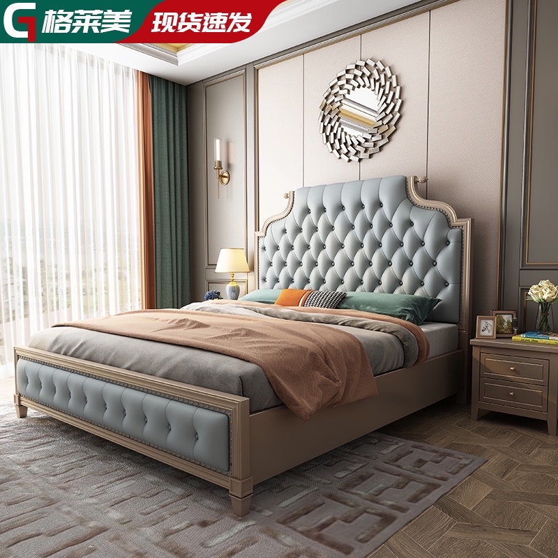 American light luxury solid wood bed Modern simple double master bedroom king bed 1 8 meters minimalist storage soft bag princess wedding bed