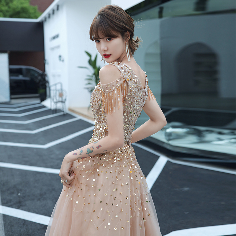 Heavy work evening gown dress woman gold bright sheet light extravagant and high-end French style High level sensational day presenter sparkling wine-Taobao