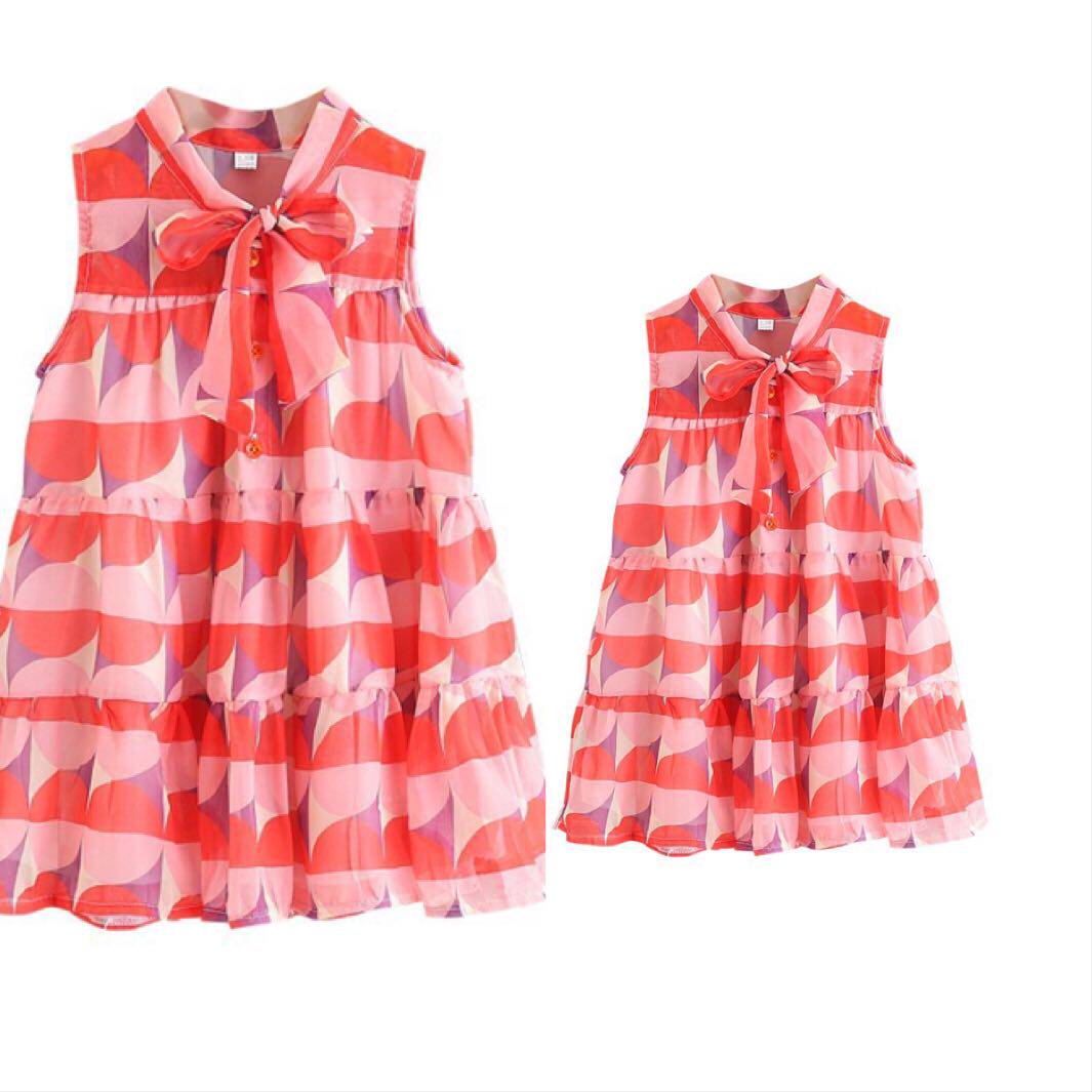 2020 Shachena star with the same geometric printed butterfly knot lacing loose with large swing mother and daughter dress foreign dress