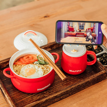 Rainbow ceramic large instant noodles bowl chopsticks set cute student dormitory household rice bowl big bowl soup bowl single