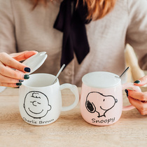 Cute Snoopy ceramic water cup men and women office mug with lid spoon milk coffee household breakfast cup