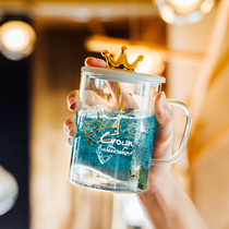 Cute belt glass glass ins Net Red Girl crown with lid spoon heat-resistant water cup creative home Tea Cup