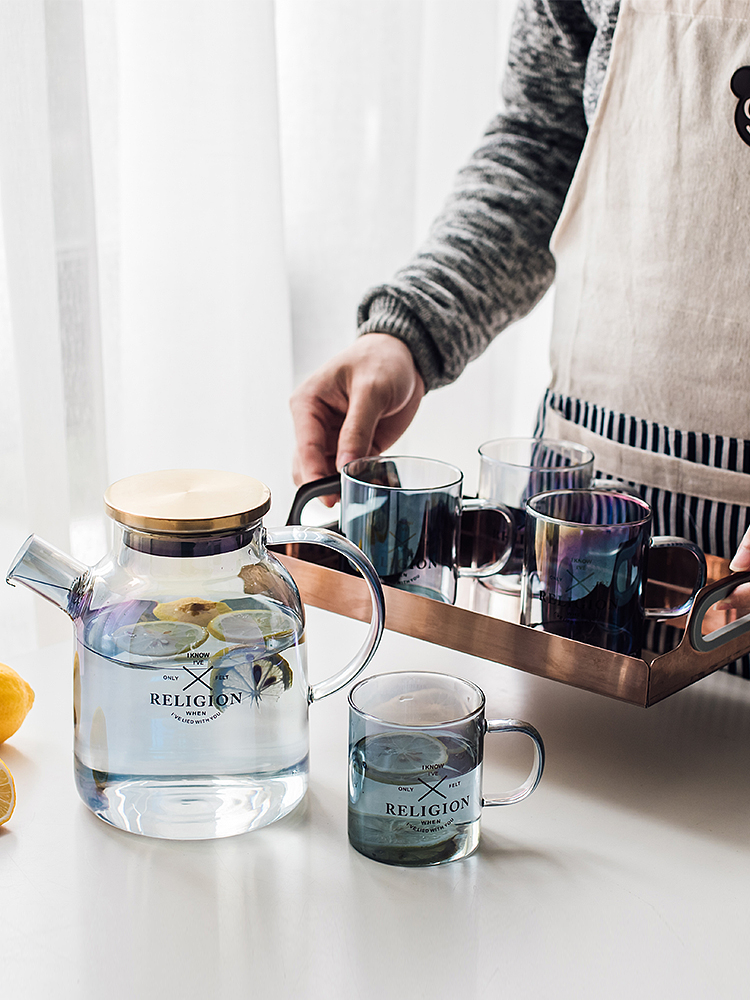 Japanese style colorful glass cold water pot cup set Living room household heat-resistant high temperature explosion-proof large capacity cold water pot