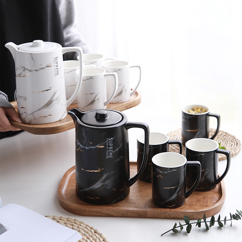 Nordic minimalist marble textured ceramic home large capacity teapot tea set cold water kettle mug suit bamboo wood tray
