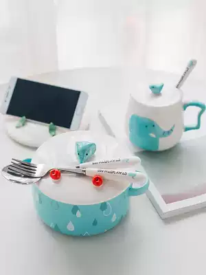 Cute cartoon instant noodle bowl large Japanese style with lid binaural ceramic bowl creative soup bowl household eating bowl cup set