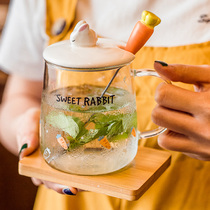 Cute rabbit glass transparent with lid spoon handle mug home household with filter screen water Cup heat-resistant tea cup