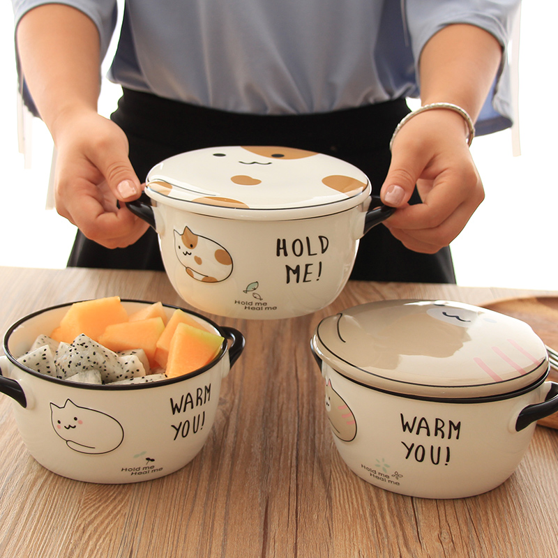Cute Kitty Ceramic Bubble Noodles Bowl Creative Personality With Lid Soup Bowl Microwave Oven Home Dorm Bread for a Dining Bowl