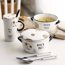 Cute cat ceramic instant noodle bowl cup set Japanese tableware with lid ear eating bowl home large soup bowl