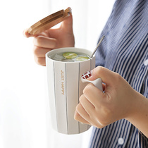 Nordic style ins simple ceramic Cup mens water cup female creative personality trend with lid spoon large capacity mug