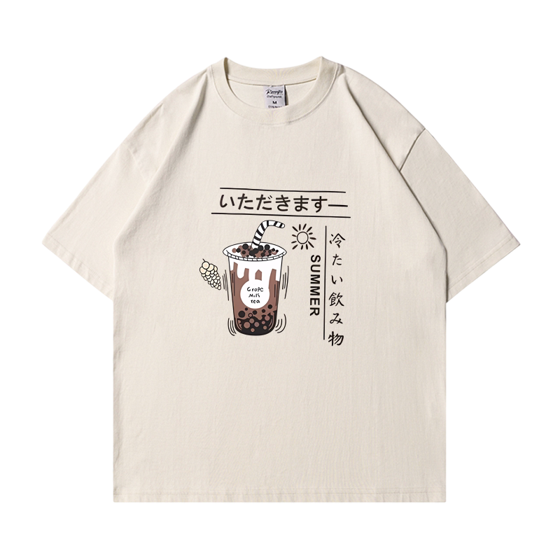Tokyo Pearl Milk Tea Pure Cotton T-Shirt for Men and Women, Couple Style, Summer Loose Fit, Slimming Short Sleeve, Youth Student Japanese Style Trendy