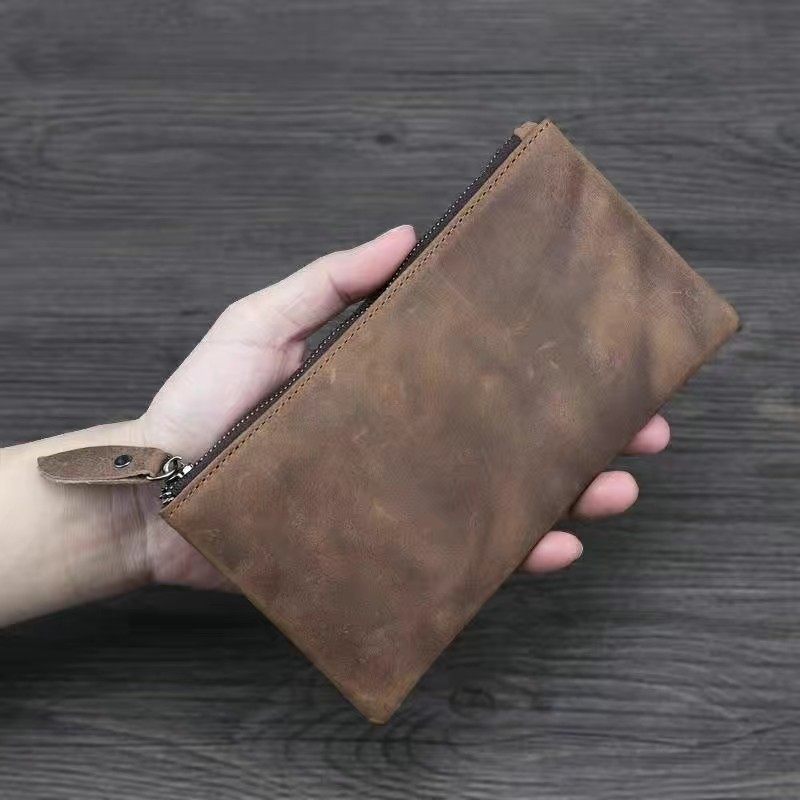 Crazy horse leather handmade simple men's wallet long version clutch bag first layer cowhide ultra-thin wallet retro leather women's bag