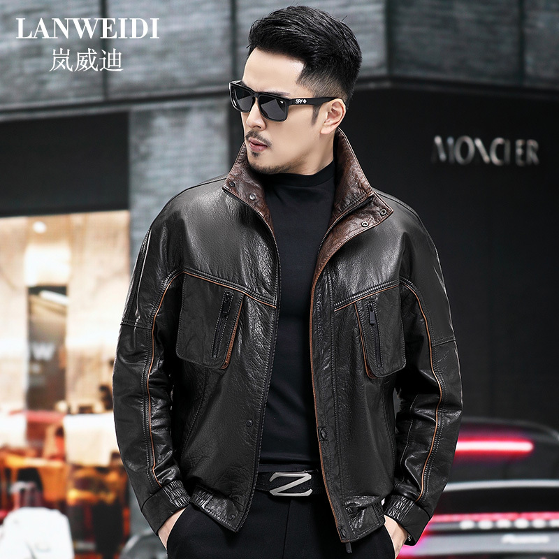 Genuine Leather Jacket for Men, First-Layer Oil-Waxed Cowhide, Stand-Up Collar, Hunting Style, Loose Fit, Short Leather Jacket, Trendy Outerwear for Young and Middle-Aged Men