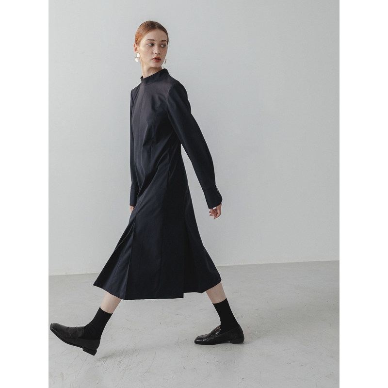 Slow tea dark blue wool blend stand-up collar slim long-sleeved dress autumn 2021 temperament commuter simple long skirt