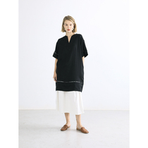 Slow tea mcha black straight body V collar short dress Dress Summer Loose Hollowed-out Short Sleeve Skirt Design Sensation