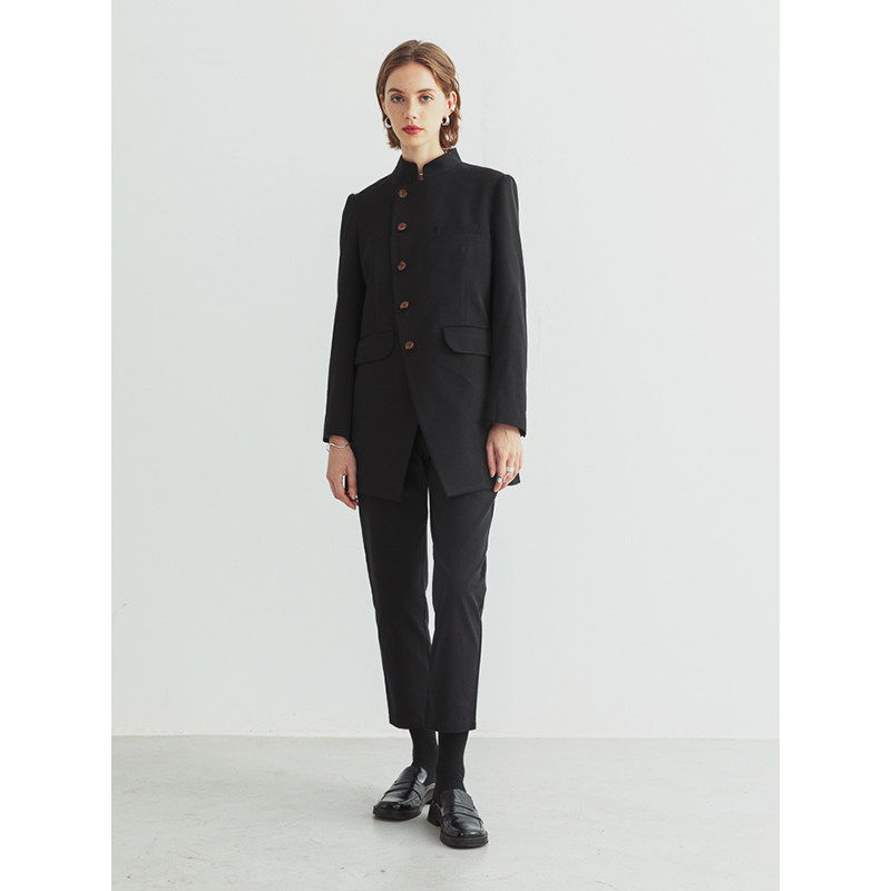 Slow tea new Chinese style oblique open collar stand collar slim suit women's 2022 autumn and winter temperament black mid-length wool coat