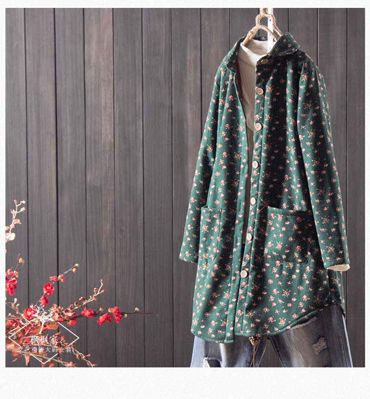 Áo khoác cotton và vải lanh nữ mùa thu đông 2018 mới rộng kích thước lớn hoa gió dân tộc cộng với áo nhung dày dài áo gió áo phao dáng dài hàn quốc