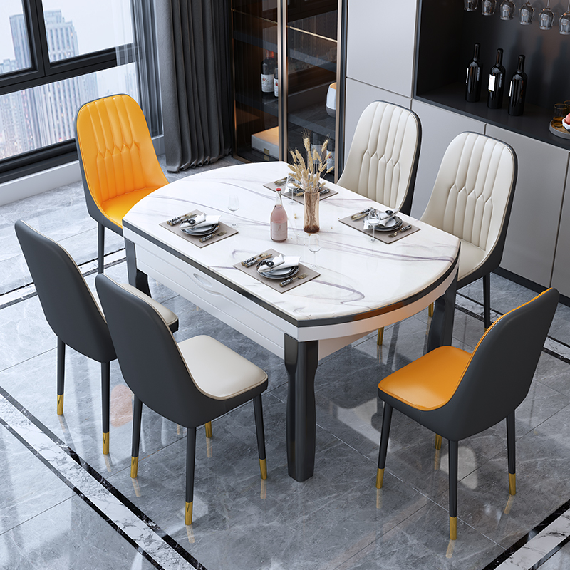 Light luxury marble dining table and chair combination modern simple solid wood household small apartment folding telescopic rock plate round dining table
