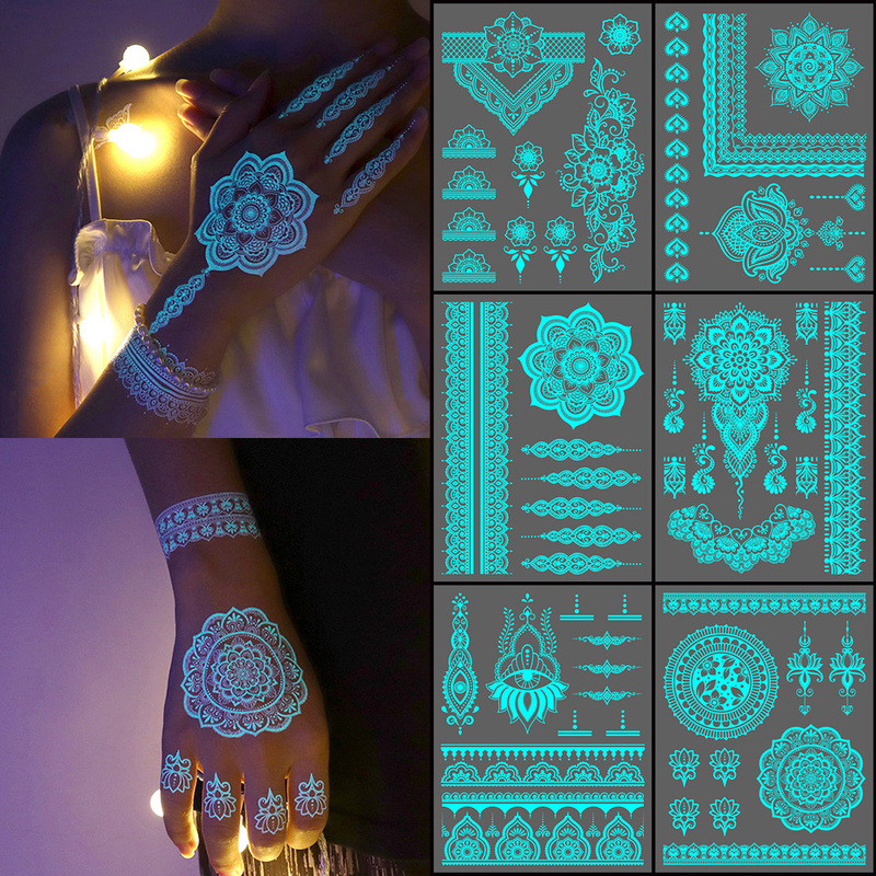 Glow-In-The-Dark Henna Tattoo Stickers for Women, 6 Pieces, Waterproof Geometric Floral Glow-In-The-Dark Necklace Stickers, Mandala, Same Style as Popular Online Influencers
