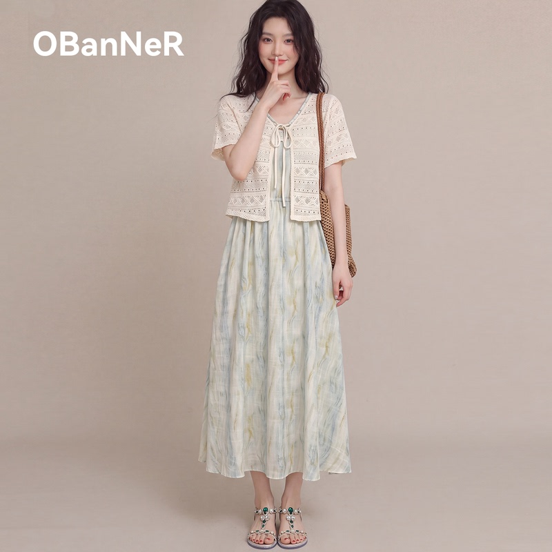 O·Banno 2026 Summer Two-Piece Lace Hollow Out Patchwork Dress Plus Size Women's Clothing for Chubby Women Mid-Length Style