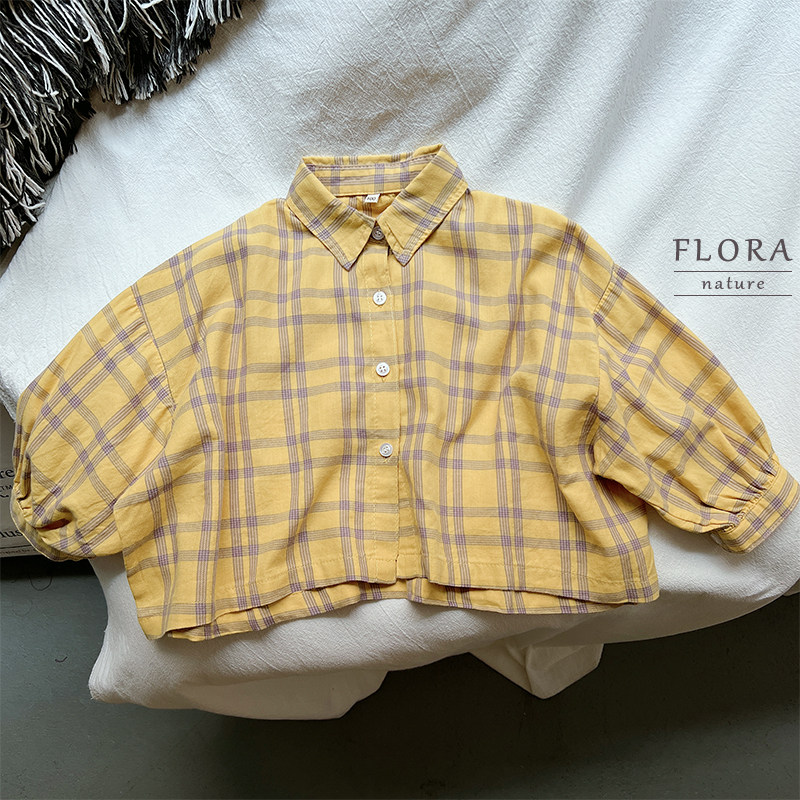 Spring and summer boys and girls sunscreen ultra-thin soft waxy thin cotton bat sleeve plaid loose casual sunscreen shirt top