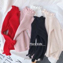 Fladorakids Koreas girls autumn and winter knit bottom lotus leaf collar wool jersey pure cotton bottom-skinded sweater