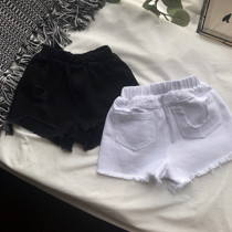 South Korean custom style summer children male and female child pure color soft denim shorts for breaking hole personality comfortable loose casual pants