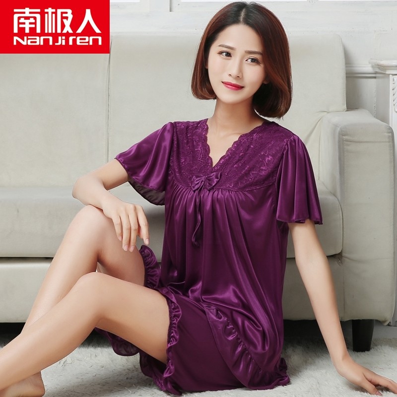 Antarctic middle-aged mother pajamas female summer ice silk two-piece thin summer large size home clothing real silk short sleeves