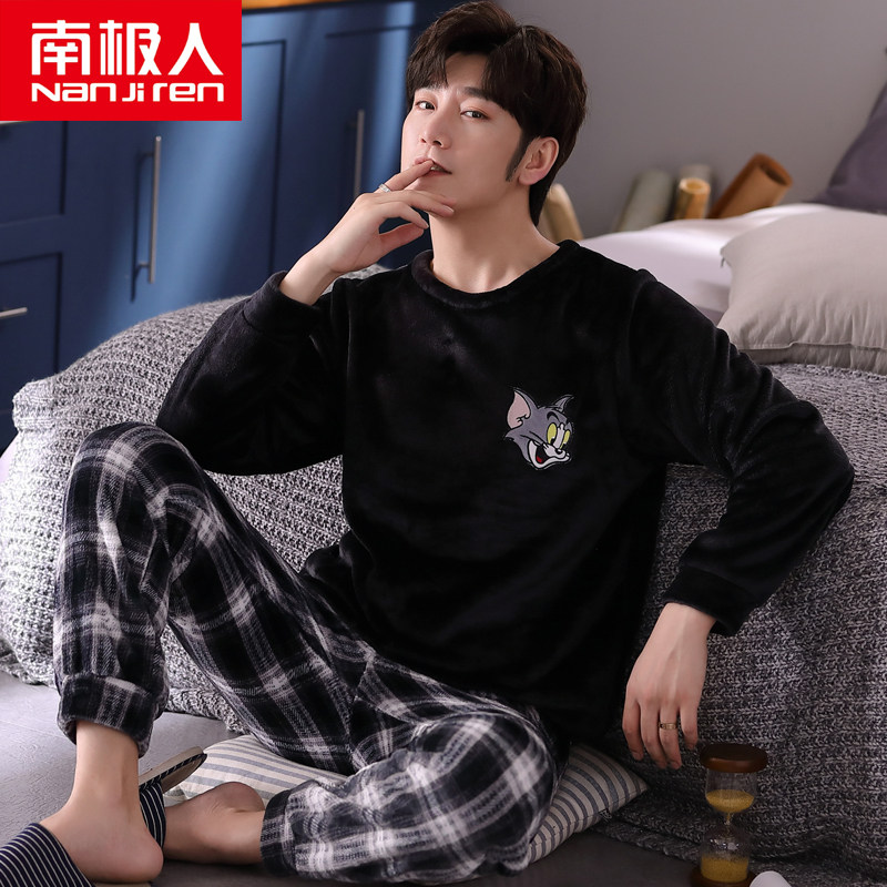 South Pole Pyjamas Sleeping Men's Autumn Winter Coral Suede Thickened Warm Flannel Student Teen Cartoon Home Suit Suit